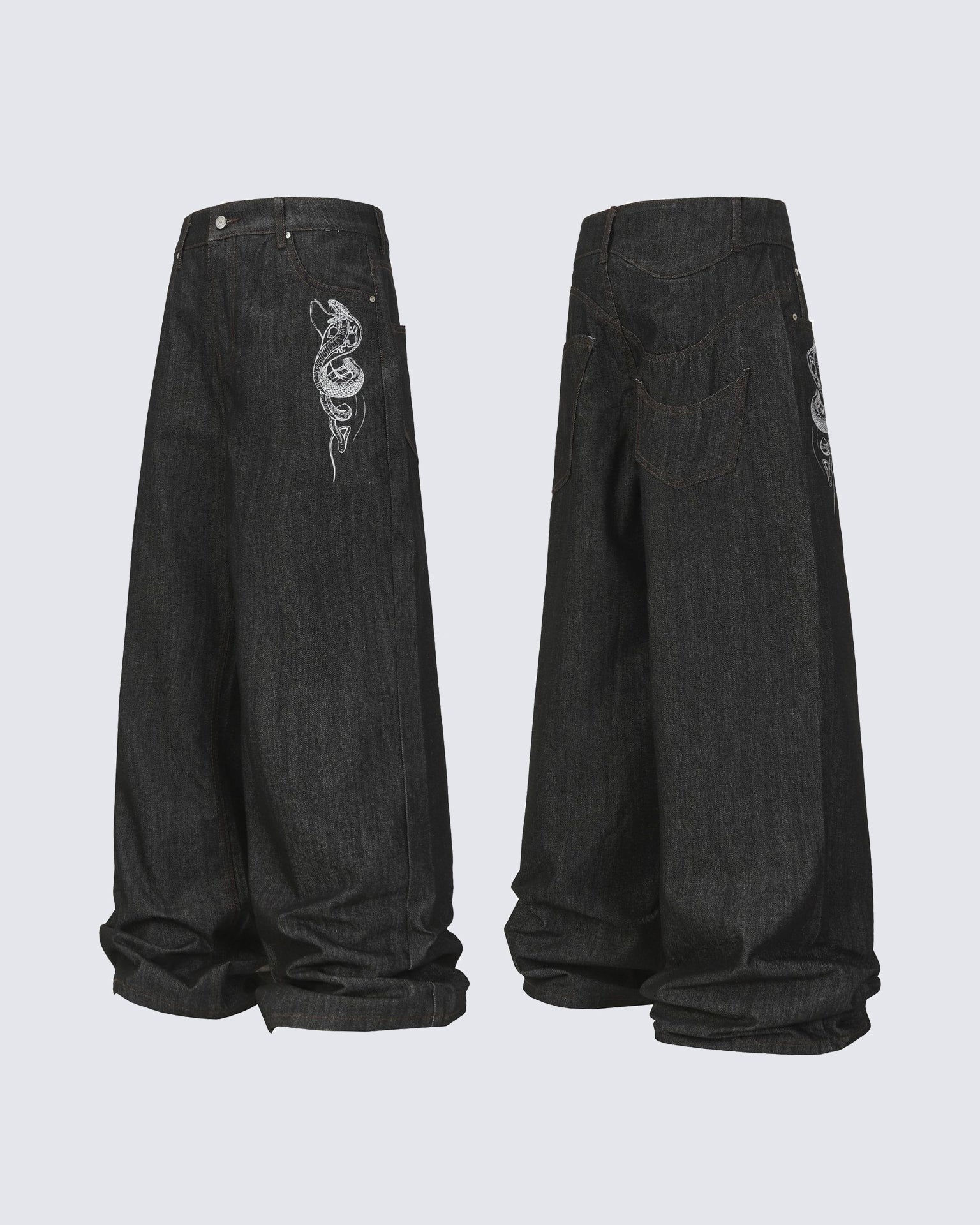 Street Style Snake Embroidery Denim Pants - Image 3