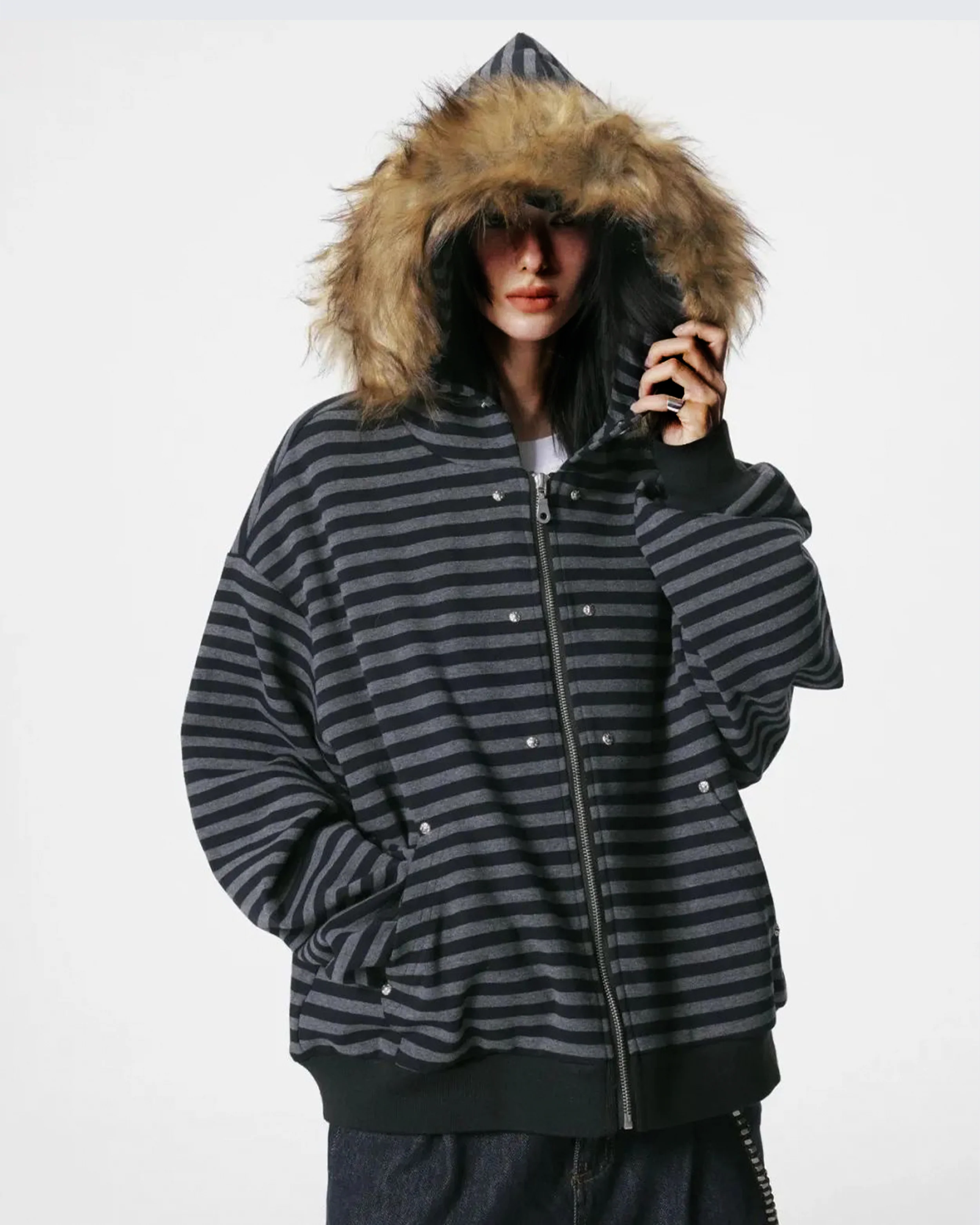 Striped Faux Fur Hooded Jacket - Image 2