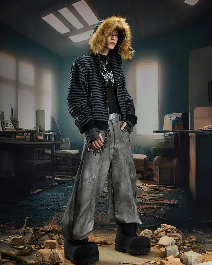 Striped Faux Fur Hooded Jacket - Image 3