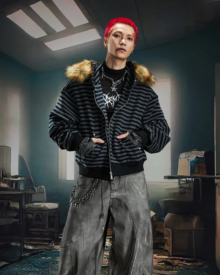 Striped Faux Fur Hooded Jacket - Image 4