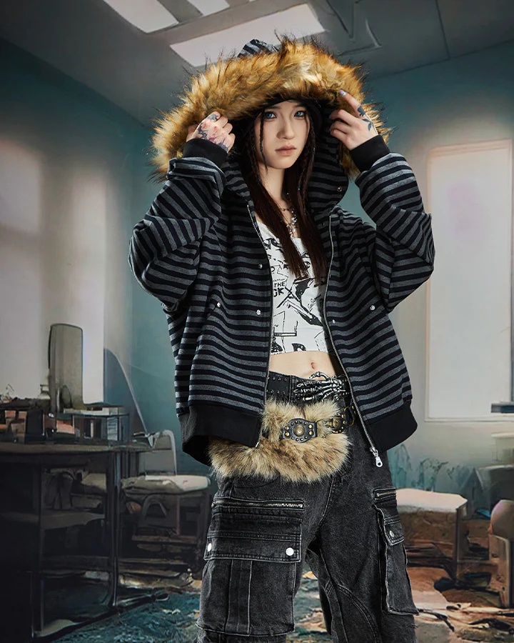 Striped Faux Fur Hooded Jacket - Image 5