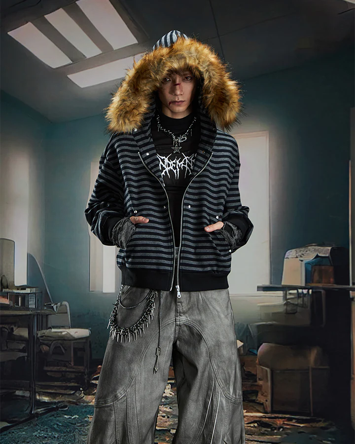 Striped Faux Fur Hooded Jacket - Image 6