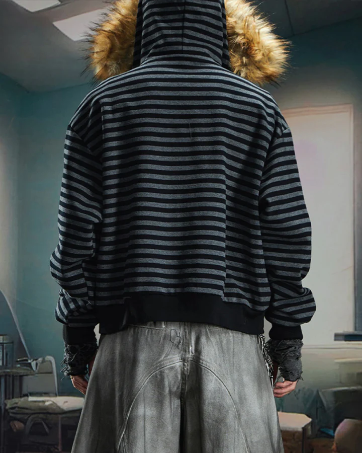 Striped Faux Fur Hooded Jacket - Image 7