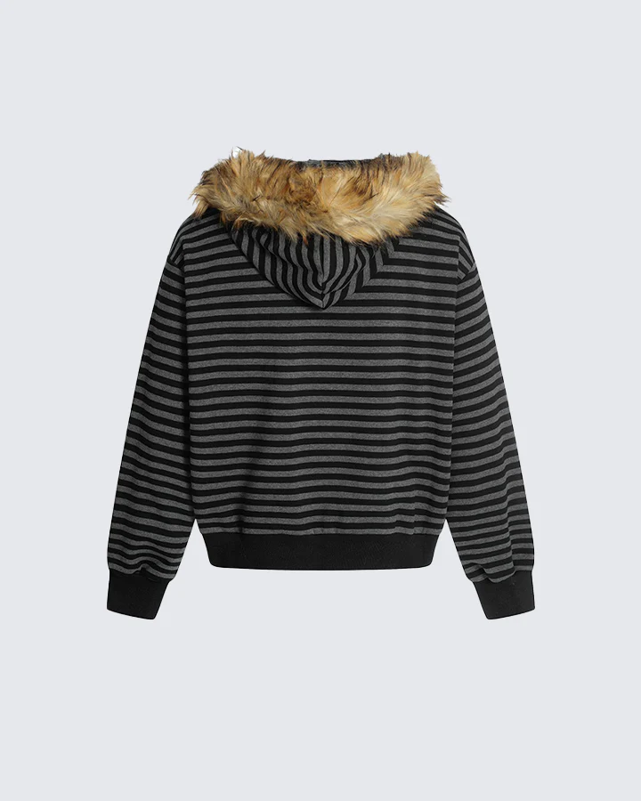 Striped Faux Fur Hooded Jacket - Image 8