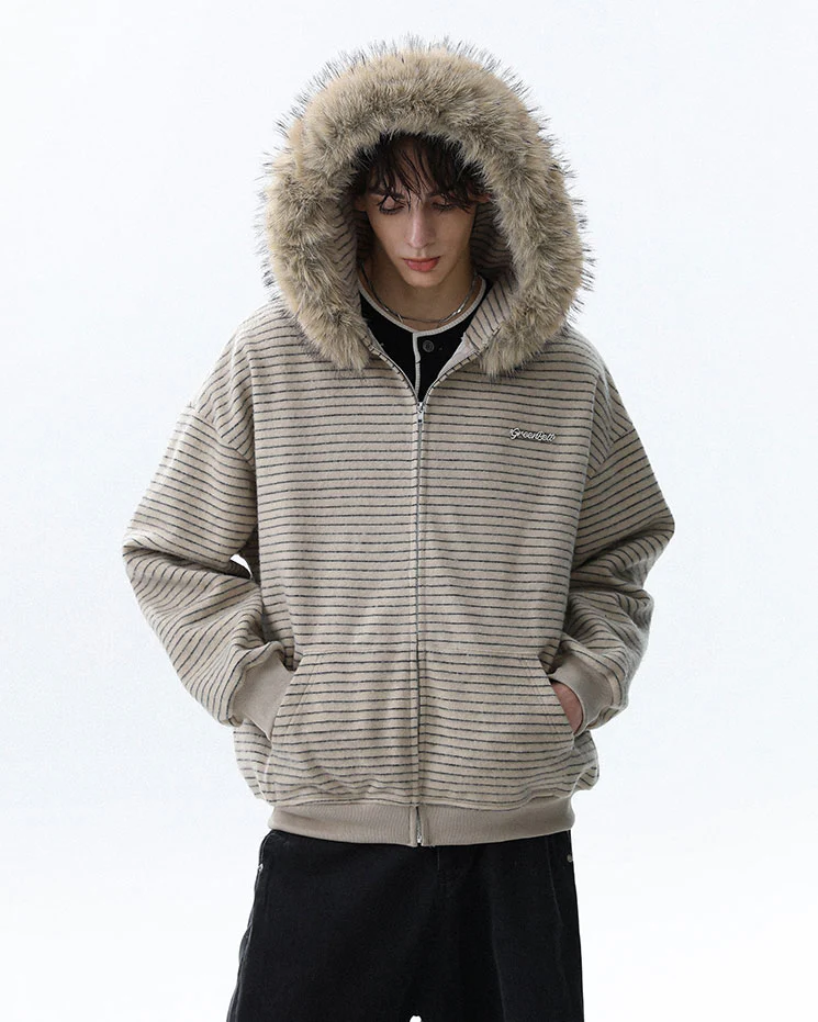 Striped Hoodie Jacket with Fur Trim - Image 2