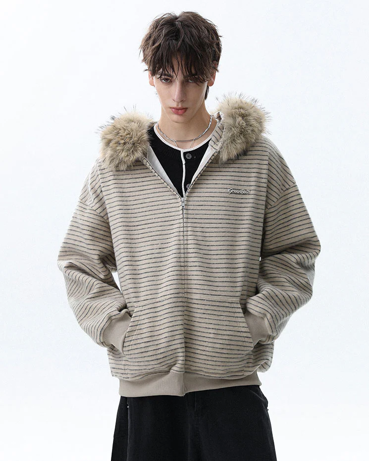 Striped Hoodie Jacket with Fur Trim - Image 3