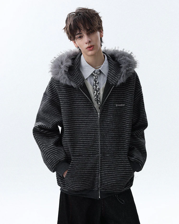 Striped Hoodie Jacket with Fur Trim - Image 4