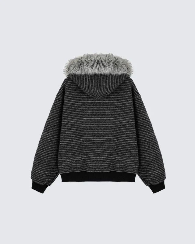 Striped Hoodie Jacket with Fur Trim - Image 5