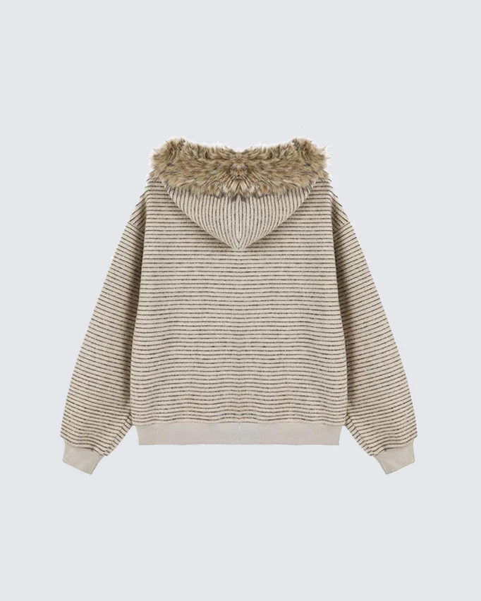 Striped Hoodie Jacket with Fur Trim - Image 6