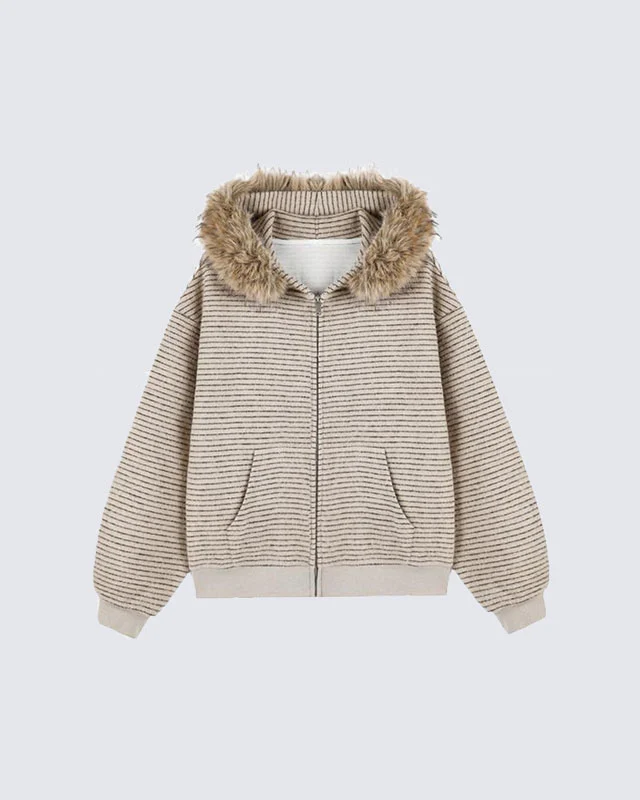 Striped Hoodie Jacket with Fur Trim - Image 7