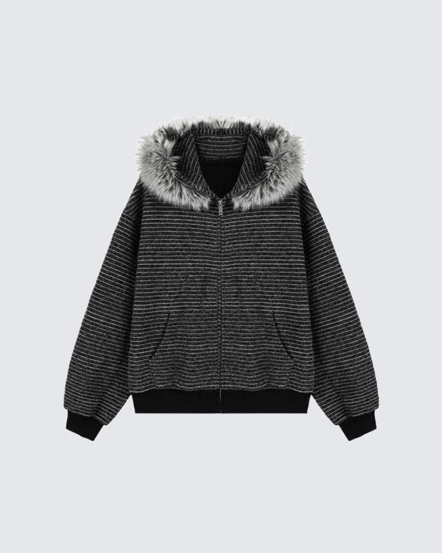 Striped Hoodie Jacket with Fur Trim - Image 8