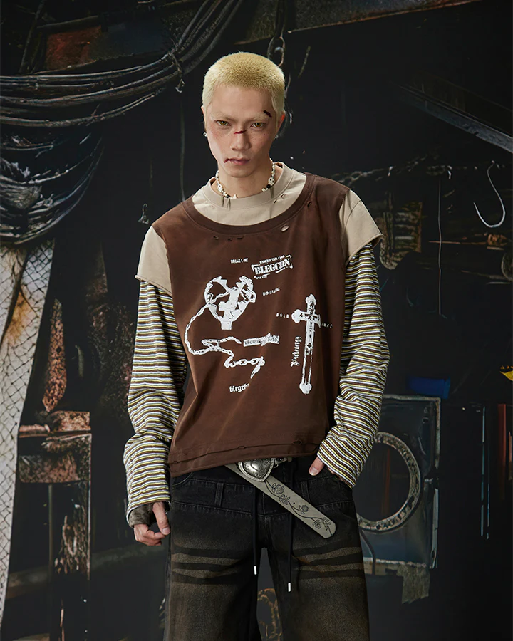 Striped Long Sleeve Fake Two-Piece T-Shirt - Image 2