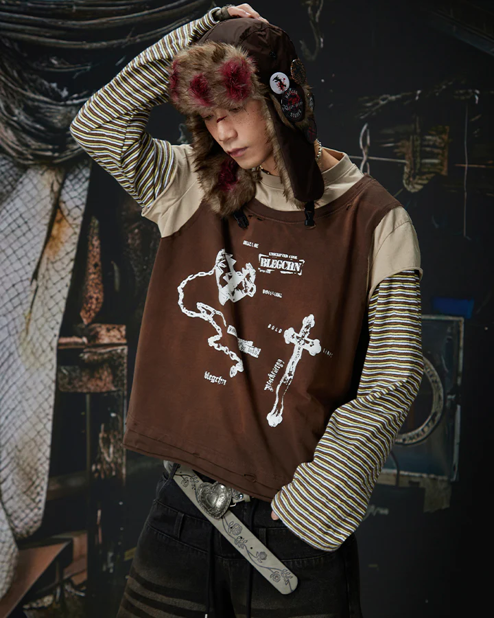 Striped Long Sleeve Fake Two-Piece T-Shirt - Image 4