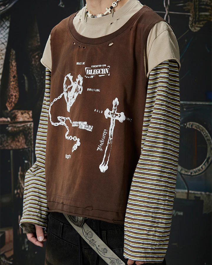 Striped Long Sleeve Fake Two-Piece T-Shirt - Image 7