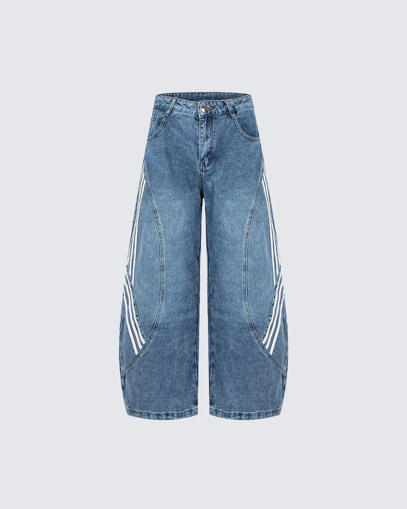 Striped Panel Washed Denim Pants