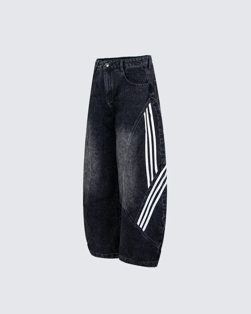 Striped Panel Washed Denim Pants - Image 3