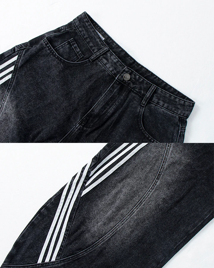 Striped Panel Washed Denim Pants - Image 6