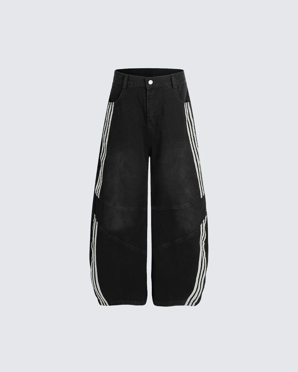 Striped Panel Wide-Leg Denim Pants - Image 2