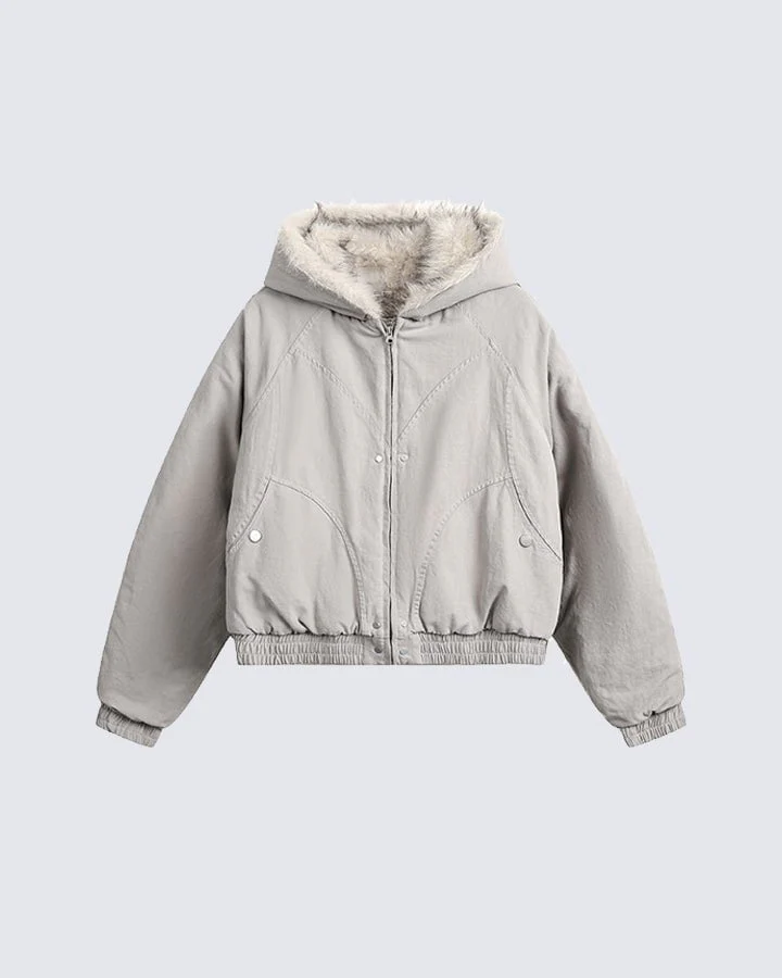 Structured Faux Fur Collar Padded Hooded Jacket - Image 10