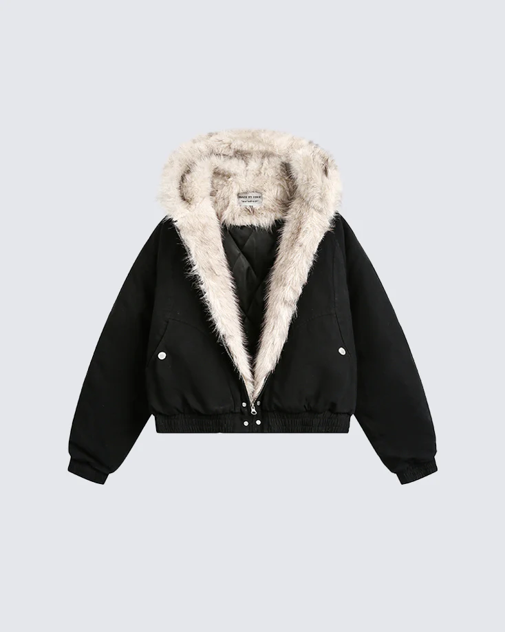 Structured Faux Fur Collar Padded Hooded Jacket - Image 4