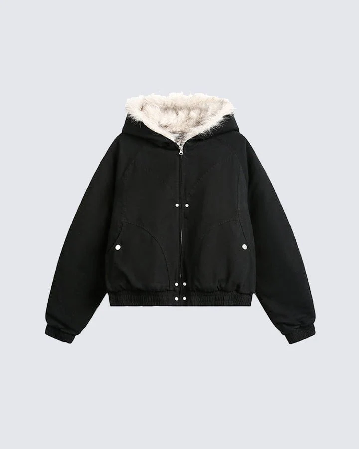 Structured Faux Fur Collar Padded Hooded Jacket - Image 9
