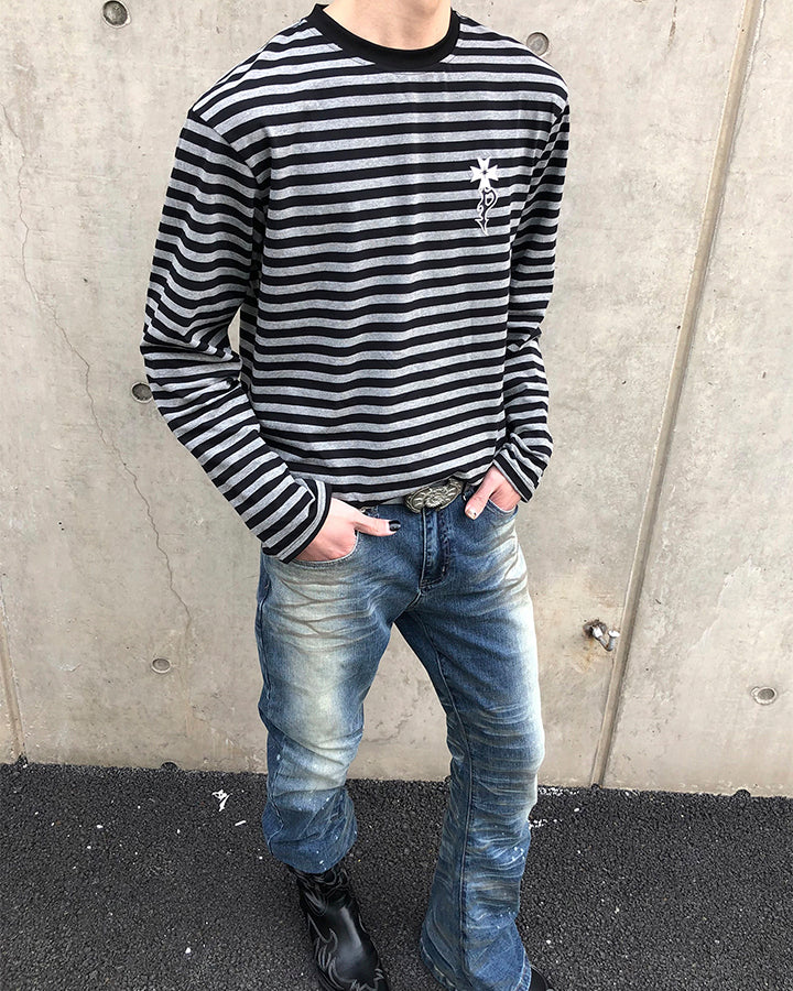 Subculture Cross Embroidered Striped Long Sleeve - Image 2