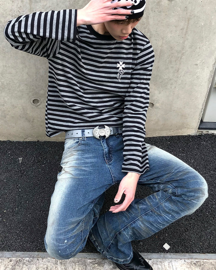 Subculture Cross Embroidered Striped Long Sleeve - Image 3