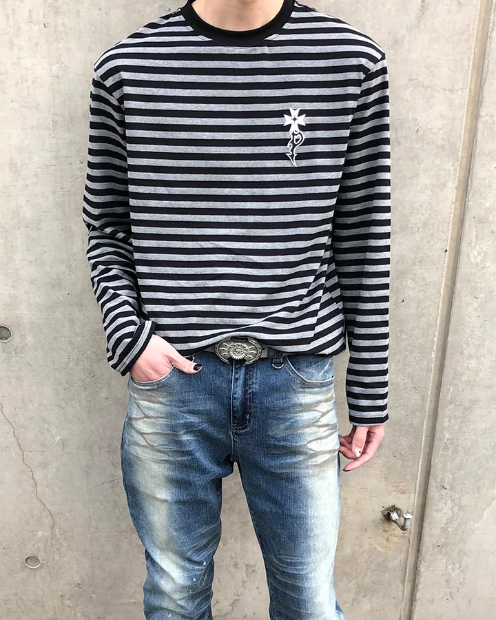Subculture Cross Embroidered Striped Long Sleeve - Image 5