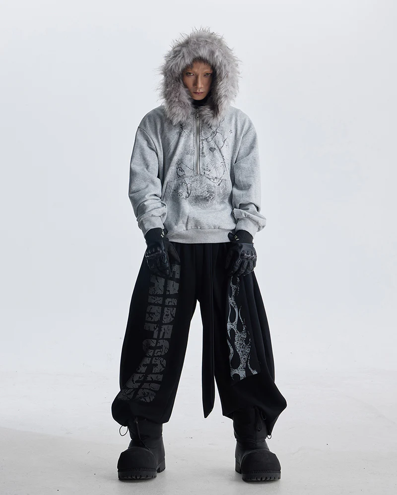 Lightweight Fuzzy Printed Half-Zip Cropped Hoodie - Image 5