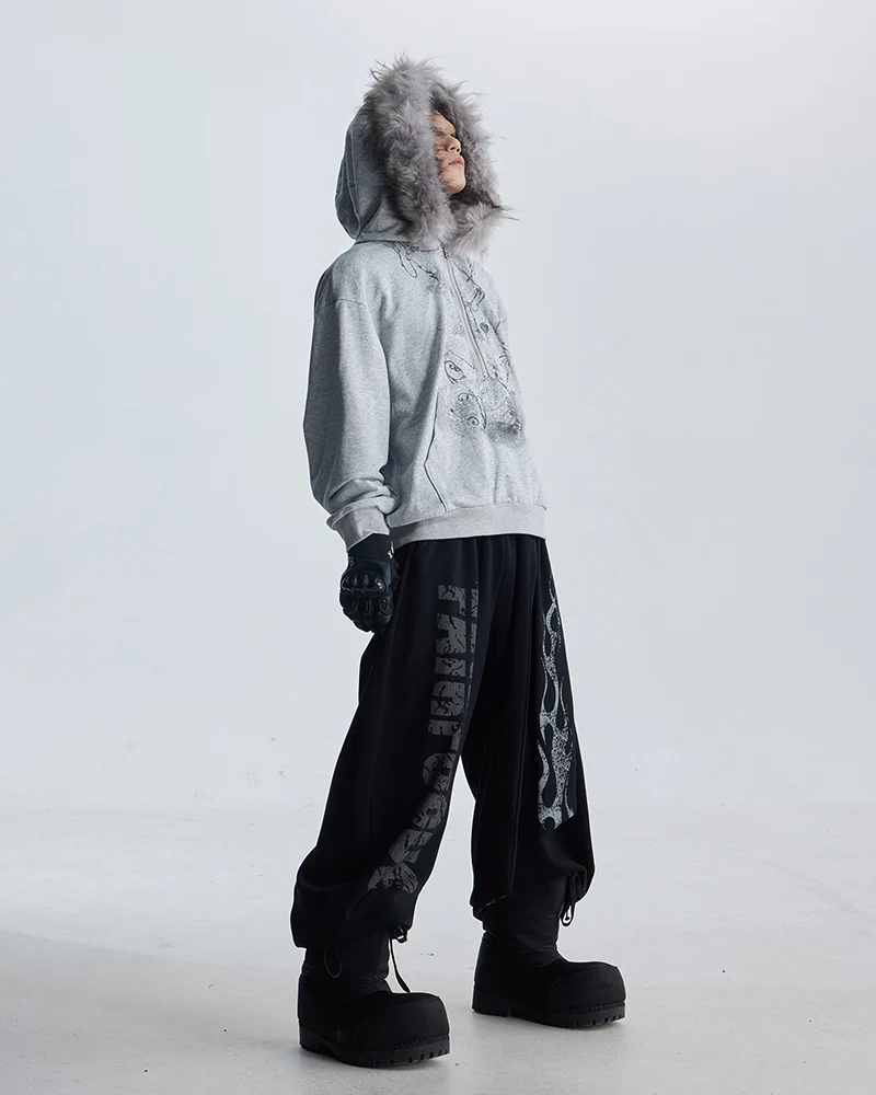 Lightweight Fuzzy Printed Half-Zip Cropped Hoodie - Image 8