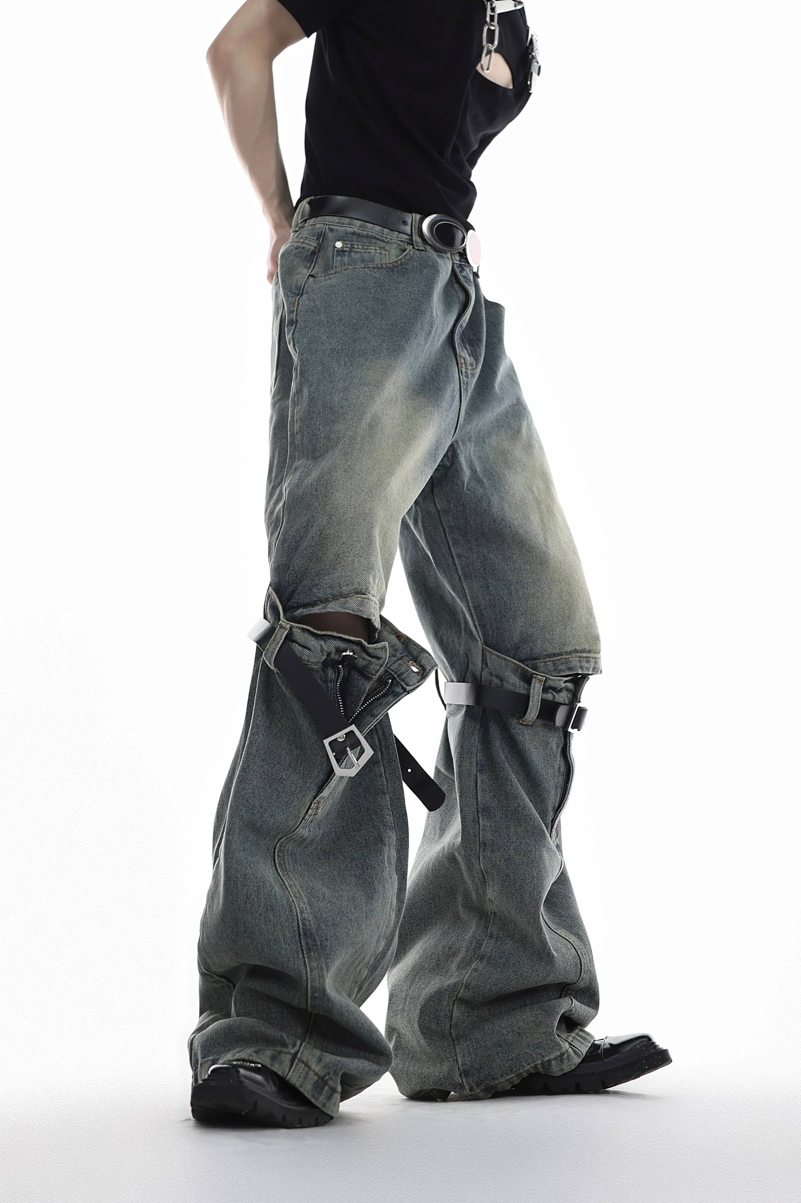 Vintage Buckle Strap Wide-Leg Jeans - Image 5