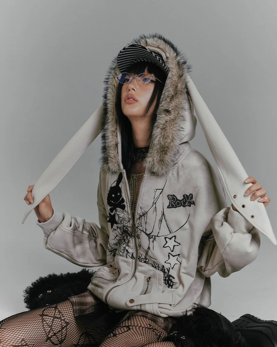 Vintage Bunny Hood Fleece Hoodie - Image 5