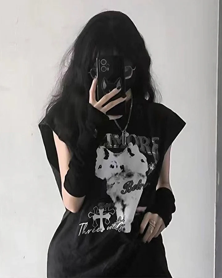 Vintage Cat Graphic Bat Sleeve Vest Hoodie - Image 5