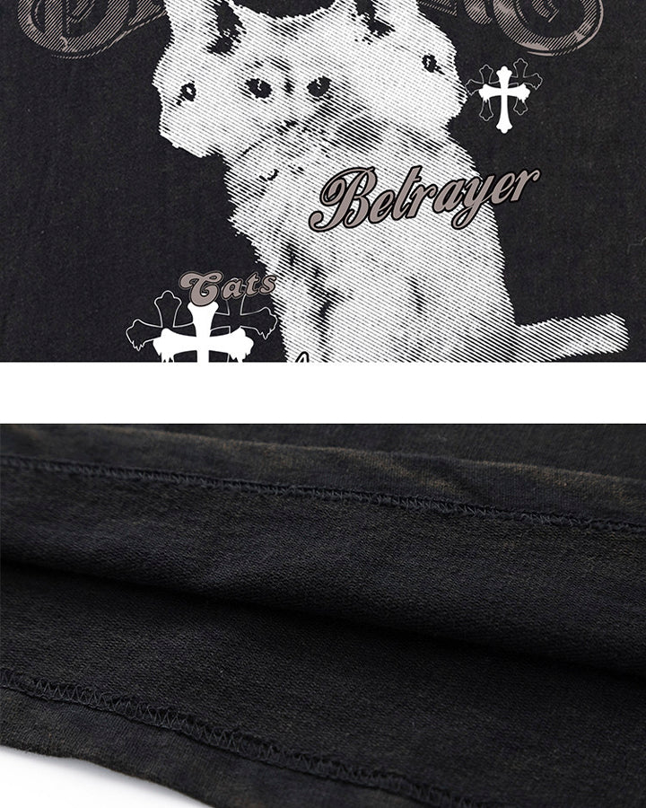 Vintage Cat Graphic Bat Sleeve Vest Hoodie - Image 7