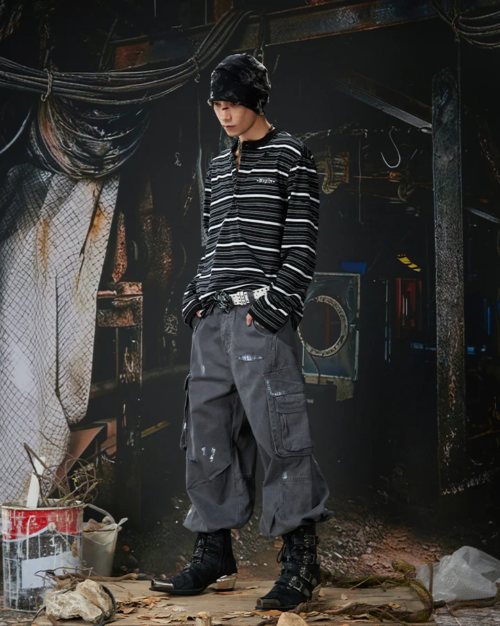 Vintage Contrast Stripe Button Long Sleeve T-Shirt - Image 11
