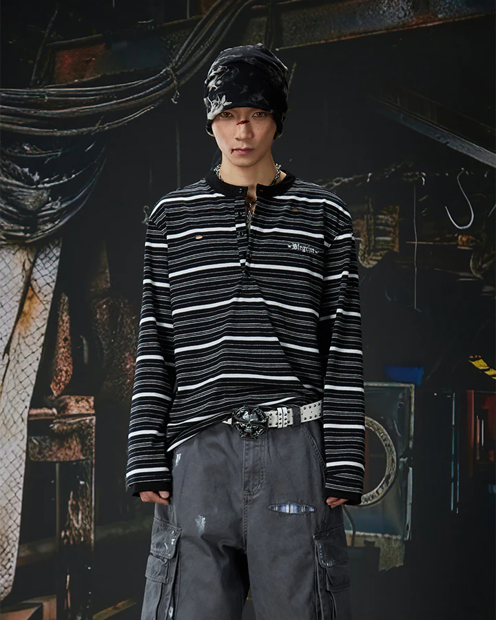 Vintage Contrast Stripe Button Long Sleeve T-Shirt - Image 2