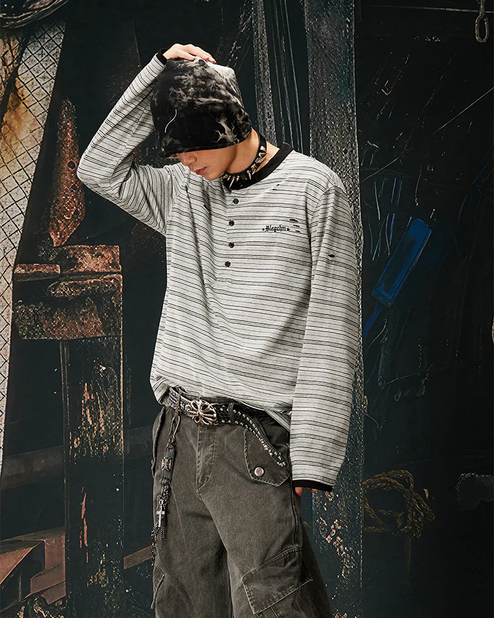 Vintage Contrast Stripe Button Long Sleeve T-Shirt - Image 4