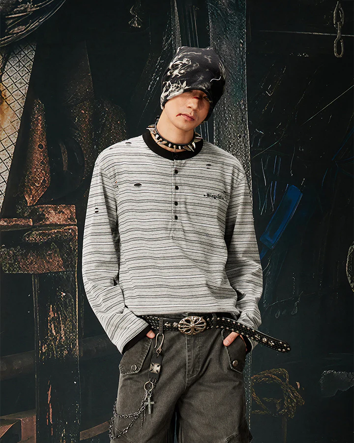 Vintage Contrast Stripe Button Long Sleeve T-Shirt - Image 5