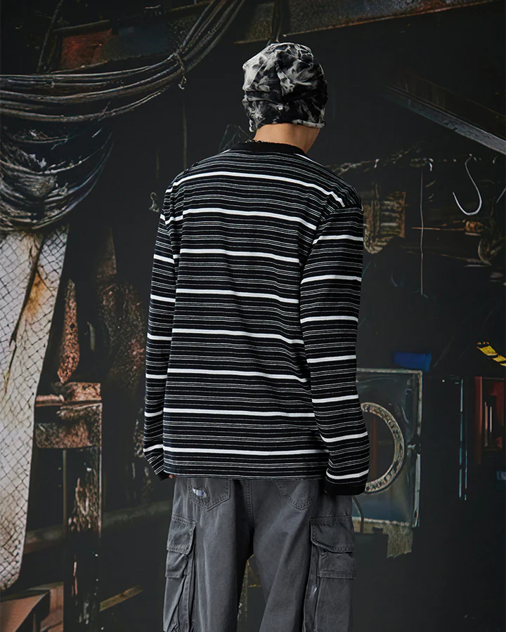 Vintage Contrast Stripe Button Long Sleeve T-Shirt - Image 6