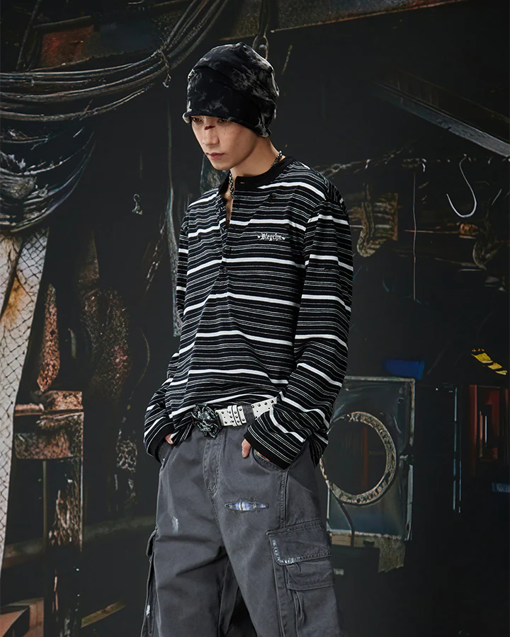 Vintage Contrast Stripe Button Long Sleeve T-Shirt - Image 7