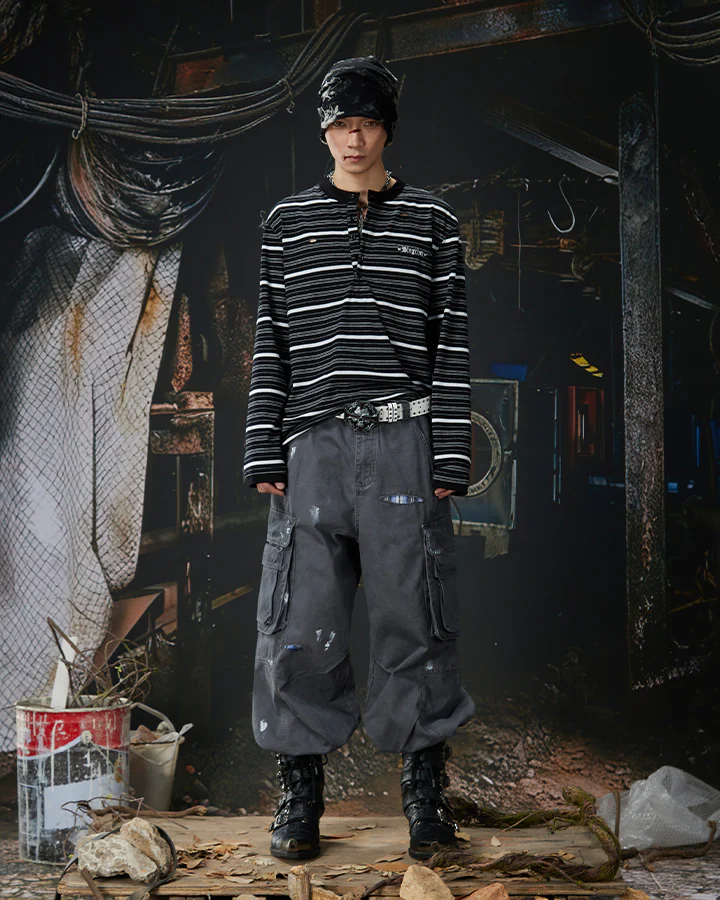 Vintage Contrast Stripe Button Long Sleeve T-Shirt - Image 8