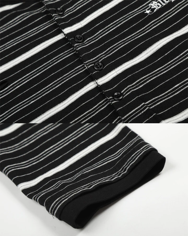 Vintage Contrast Stripe Button Long Sleeve T-Shirt - Image 9