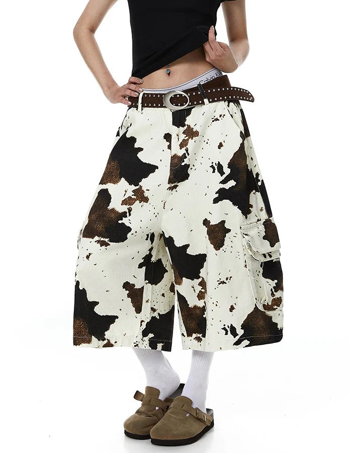 Vintage Cow Print Utility Cargo Shorts - Image 2