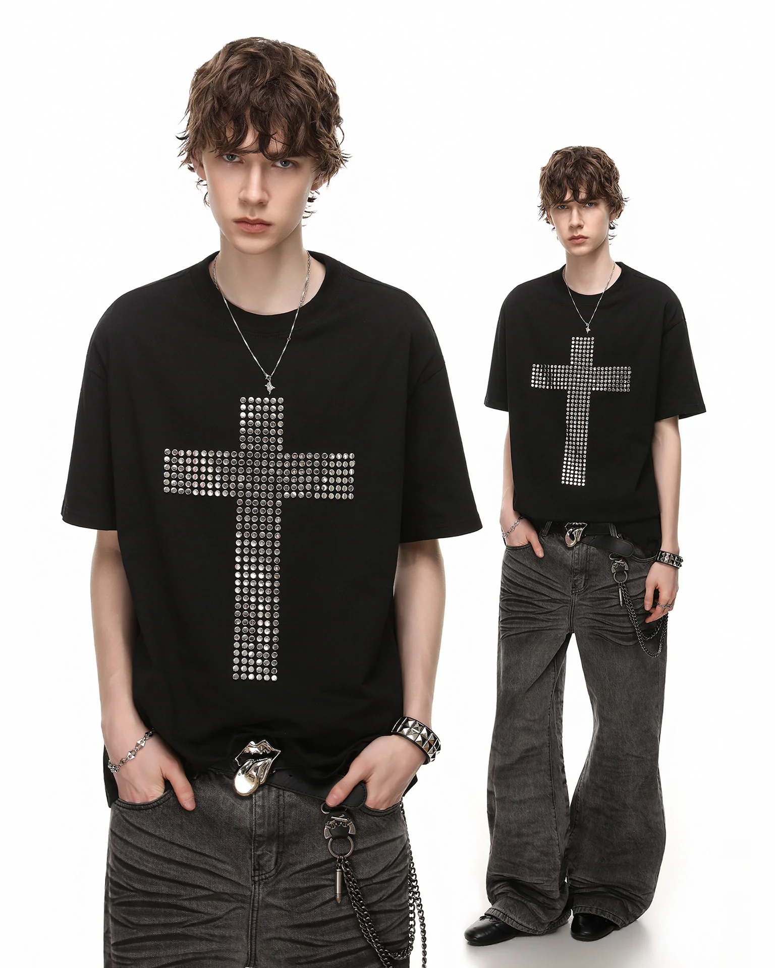 Vintage Cross Rhinestone Black Short Sleeve T-Shirt - Image 4