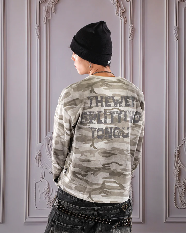 Vintage Distressed Camo Print Long Sleeve T-shirt - Image 2