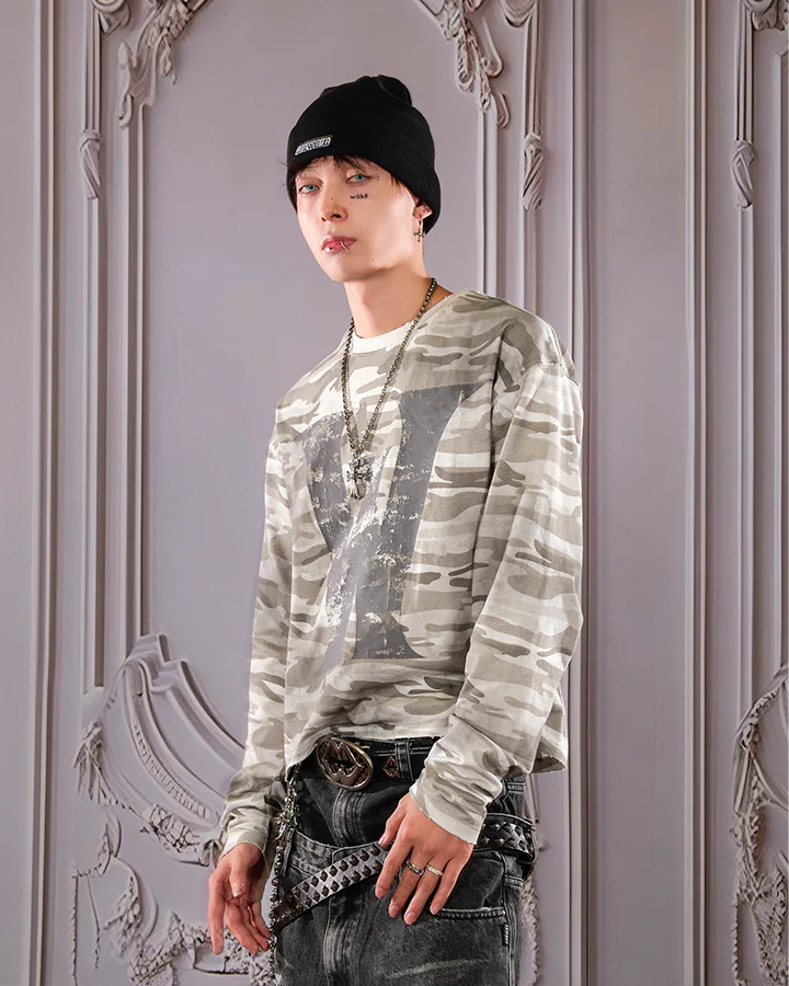 Vintage Distressed Camo Print Long Sleeve T-shirt - Image 3