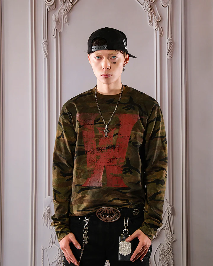 Vintage Distressed Camo Print Long Sleeve T-shirt - Image 5