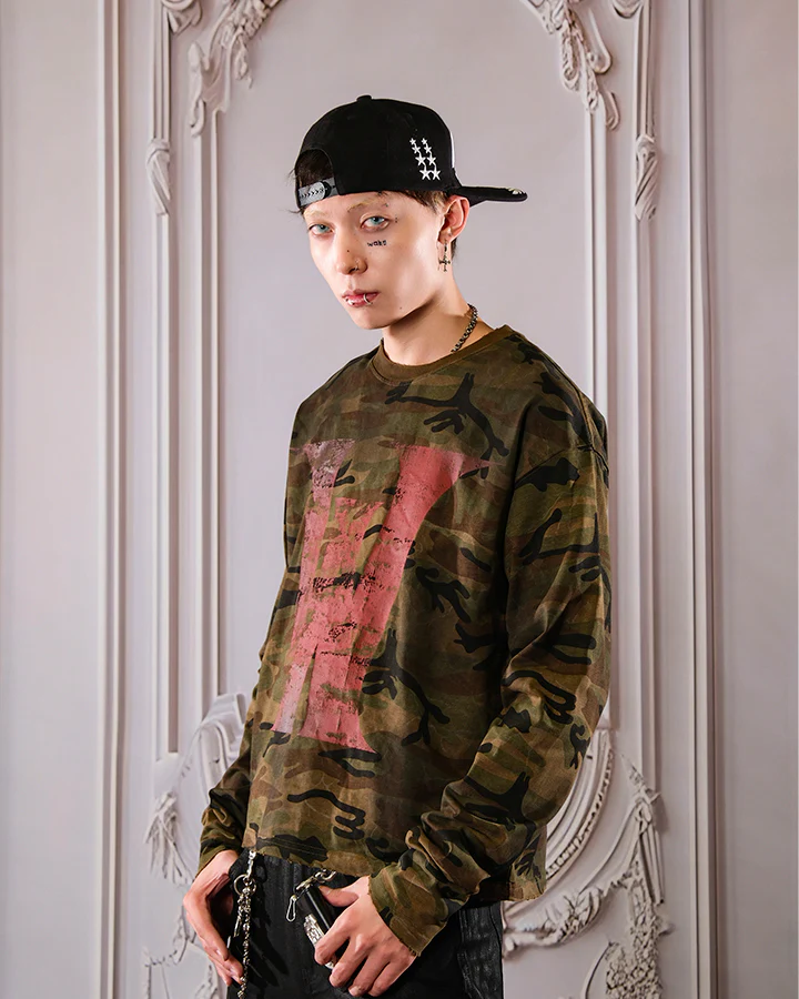 Vintage Distressed Camo Print Long Sleeve T-shirt - Image 6