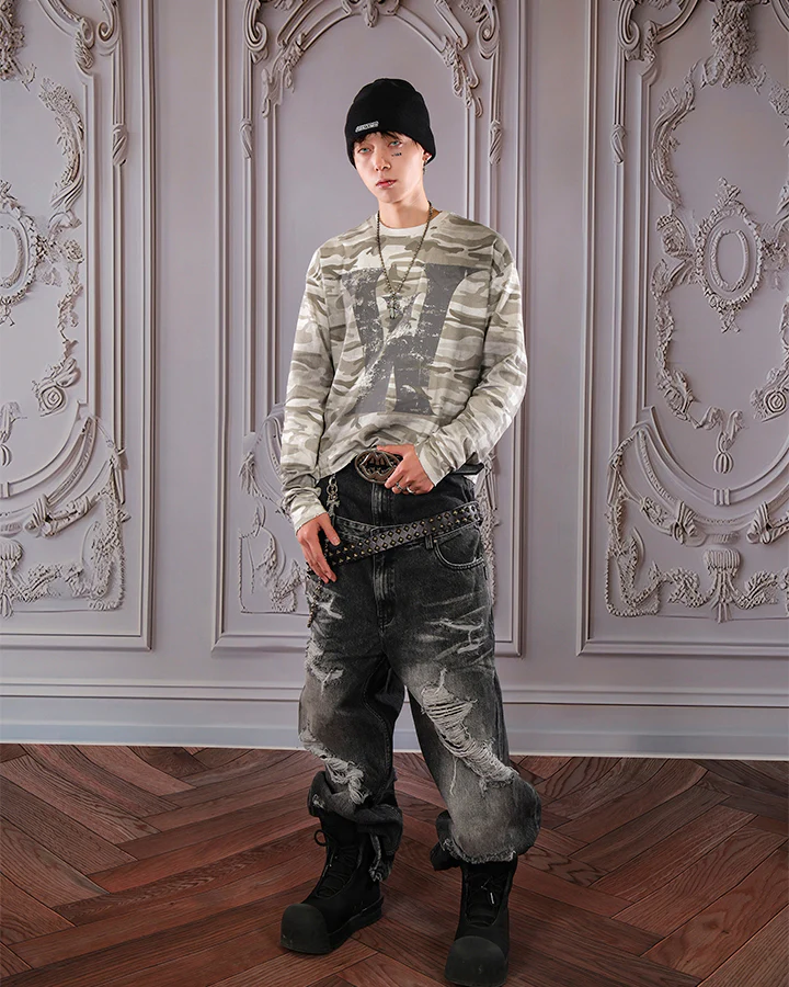 Vintage Distressed Camo Print Long Sleeve T-shirt - Image 7
