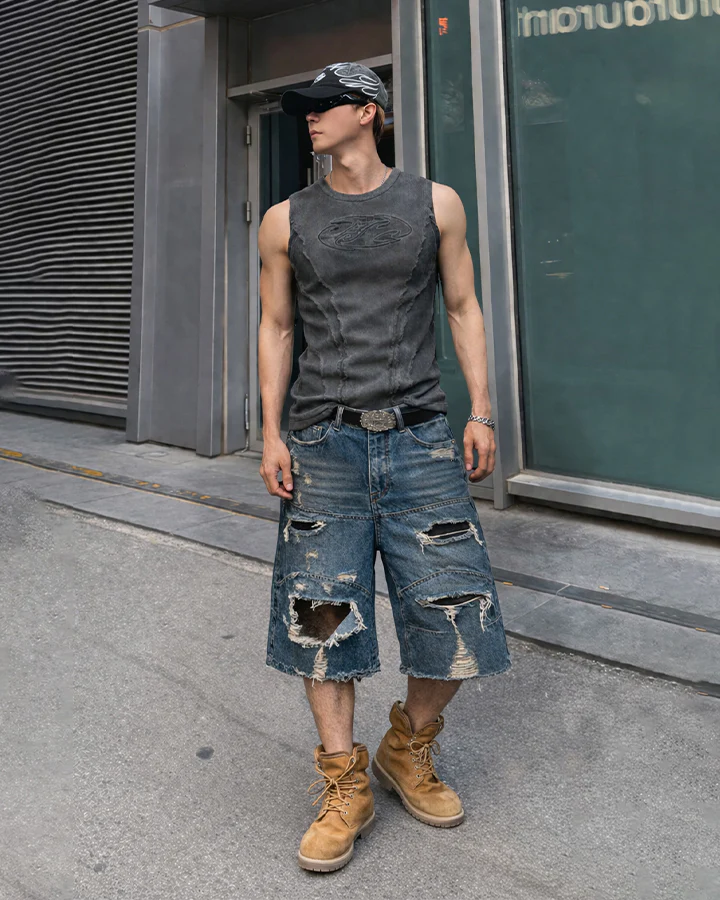 Vintage Distressed Washed Denim Shorts - Image 2